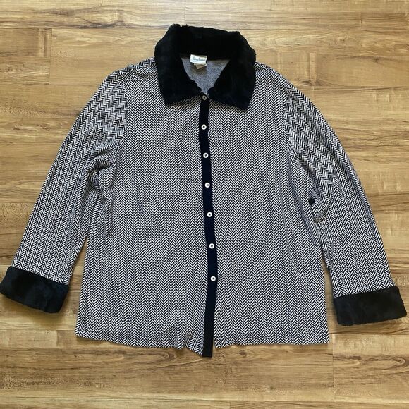 NEIMAN MARCUS VTG XL Faux Fur Trim Button Up Cardigan Shacket Houndstooth Retro - Picture 9 of 16